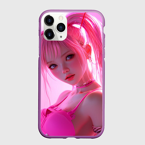 Чехол iPhone 11 Pro матовый Аниме девушка в розовом белье / 3D-Фиолетовый – фото 1