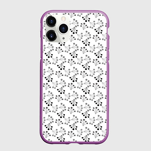 Чехол iPhone 11 Pro матовый Черно белый ягодный узор ретро / 3D-Фиолетовый – фото 1