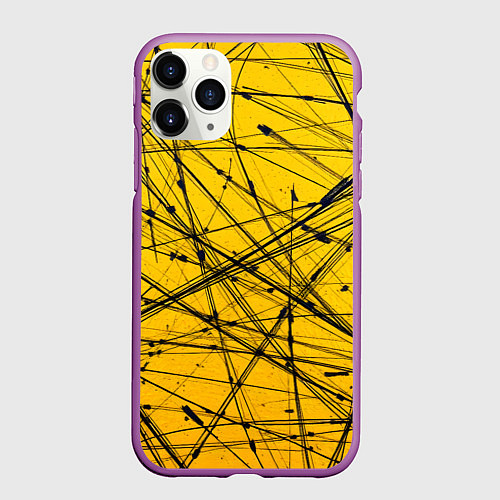 Чехол iPhone 11 Pro матовый Черные штрихи на желтом / 3D-Фиолетовый – фото 1