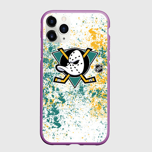Чехол iPhone 11 Pro матовый Anaheim Ducks NHL white / 3D-Фиолетовый – фото 1
