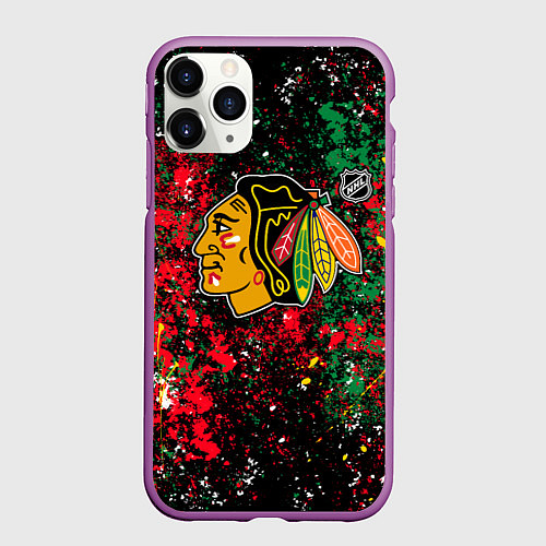 Чехол iPhone 11 Pro матовый Chicago Blackhawks NHL black / 3D-Фиолетовый – фото 1