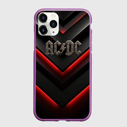 Чехол iPhone 11 Pro матовый ACDC лого из металла на черно-красной текстуре / 3D-Фиолетовый – фото 1
