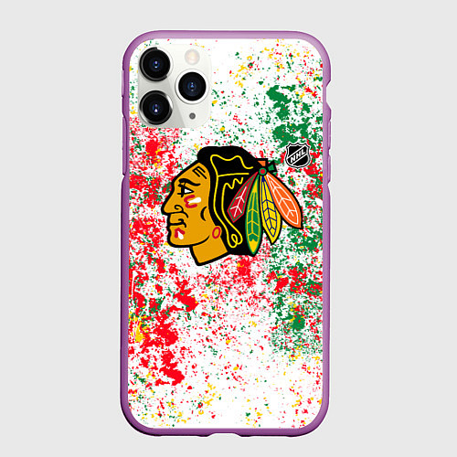Чехол iPhone 11 Pro матовый Chicago Blackhawks NHL white / 3D-Фиолетовый – фото 1