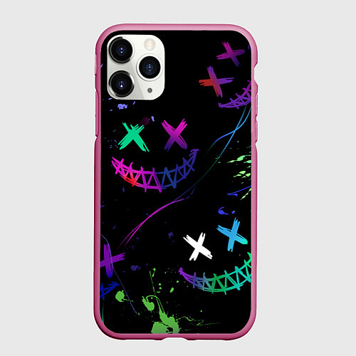 Чехол iPhone 11 Pro матовый Неновые краски - лица крипи смайл / 3D-Малиновый – фото 1