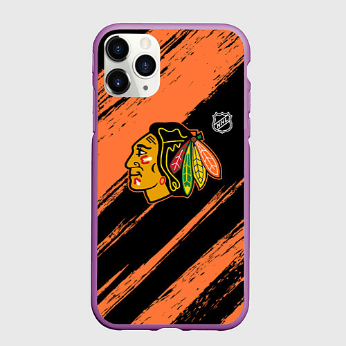 Чехол iPhone 11 Pro матовый Чикаго Блэкхокс - фон с оранжевыми потертостами / 3D-Фиолетовый – фото 1
