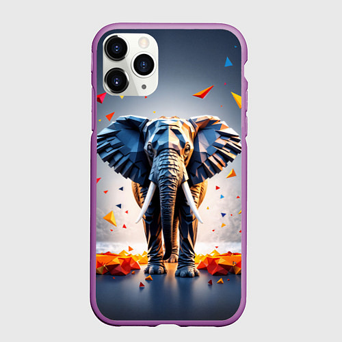 Чехол iPhone 11 Pro матовый Геометрический слон и цветные полигоны / 3D-Фиолетовый – фото 1