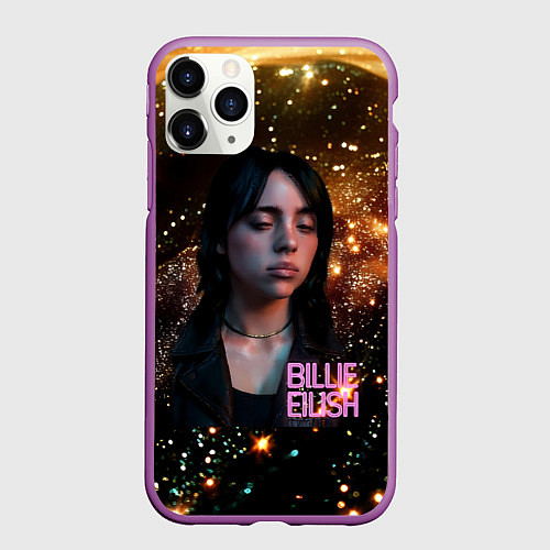 Чехол iPhone 11 Pro матовый Билли Айлиш с блестками на фоне / 3D-Фиолетовый – фото 1