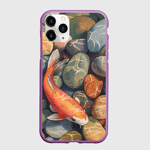 Чехол iPhone 11 Pro матовый Акварельный Кои карп и камушки галька / 3D-Фиолетовый – фото 1