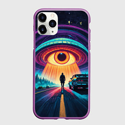 Чехол iPhone 11 Pro матовый НЛО в форме глаза и человек на дороге, цвет: 3D-фиолетовый