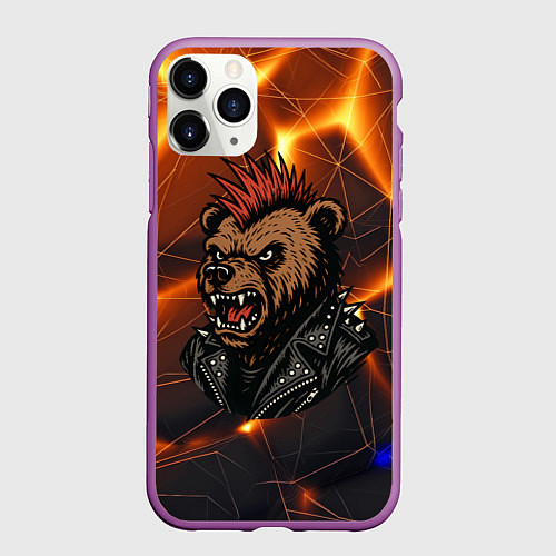 Чехол iPhone 11 Pro матовый Медведь панк в косухе / 3D-Фиолетовый – фото 1