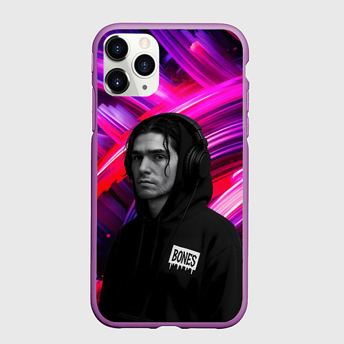 Чехол iPhone 11 Pro матовый Bones в наушниках / 3D-Фиолетовый – фото 1