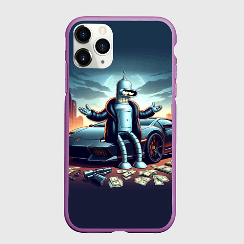 Чехол iPhone 11 Pro матовый Бендер рядом с Ламбо и рассыпанным баблом / 3D-Фиолетовый – фото 1