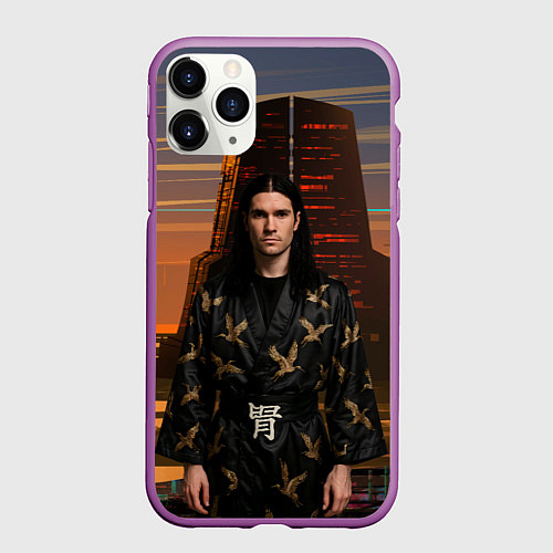 Чехол iPhone 11 Pro матовый Bones в халате с журавлями / 3D-Фиолетовый – фото 1