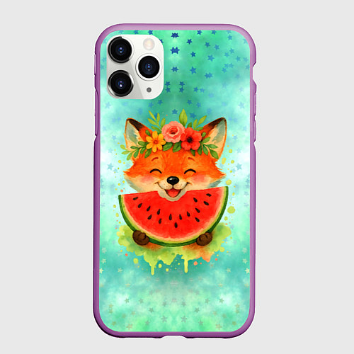 Чехол iPhone 11 Pro матовый Веселая лисичка ест арбуз / 3D-Фиолетовый – фото 1