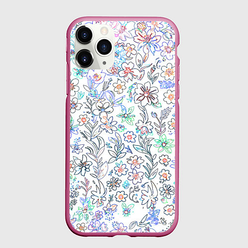 Чехол iPhone 11 Pro матовый Белый в рисованный цветочек / 3D-Малиновый – фото 1