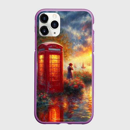 Чехол iPhone 11 Pro матовый Пейзаж с красной телефонной будкой / 3D-Фиолетовый – фото 1