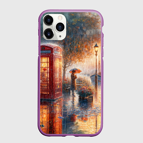 Чехол iPhone 11 Pro матовый Красная телефонная будка на набережной / 3D-Фиолетовый – фото 1