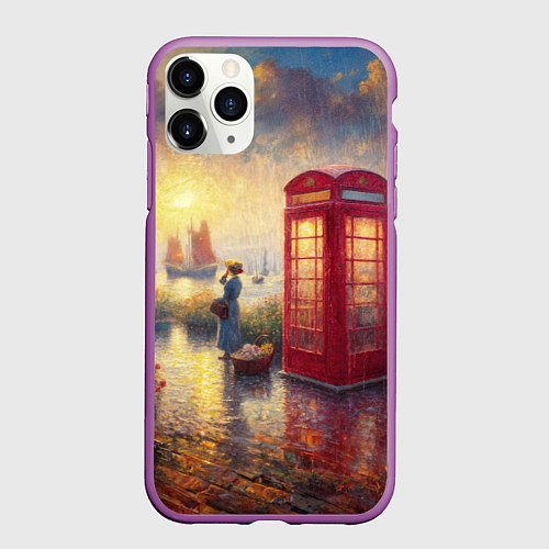 Чехол iPhone 11 Pro матовый Женщина у телефонной будки на набережной / 3D-Фиолетовый – фото 1