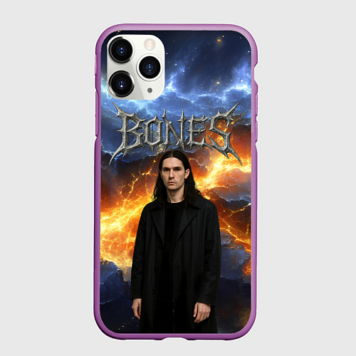 Чехол iPhone 11 Pro матовый Bones на фоне разломных плит / 3D-Фиолетовый – фото 1