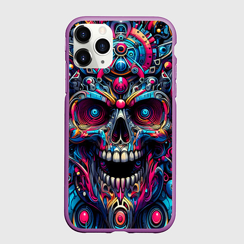 Чехол iPhone 11 Pro матовый Colorful cyber skull - pattern / 3D-Фиолетовый – фото 1