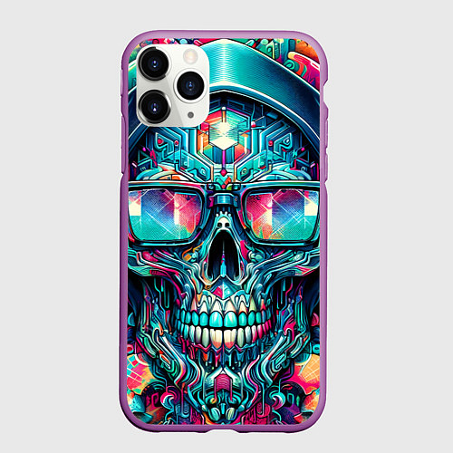 Чехол iPhone 11 Pro матовый Кибер череп в балахоне и очках - нейроарт фантазия / 3D-Фиолетовый – фото 1