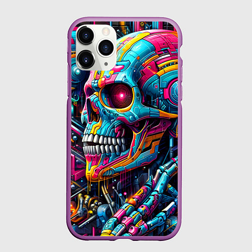 Чехол iPhone 11 Pro матовый Cyber skull - pattern / 3D-Фиолетовый – фото 1