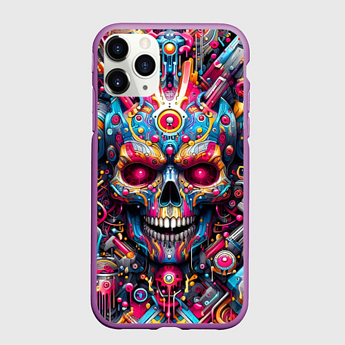 Чехол iPhone 11 Pro матовый Art cyber skull - ai art fantasy / 3D-Фиолетовый – фото 1