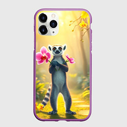 Чехол iPhone 11 Pro матовый Лемур несёт орхидеи для любимой, цвет: 3D-фиолетовый