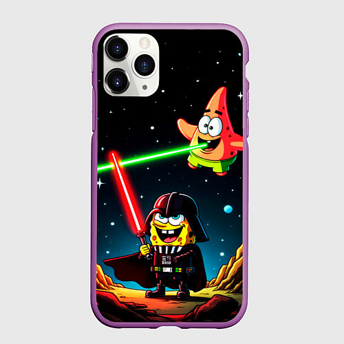 Чехол iPhone 11 Pro матовый Спанч Боб и Патрик в космосе / 3D-Фиолетовый – фото 1