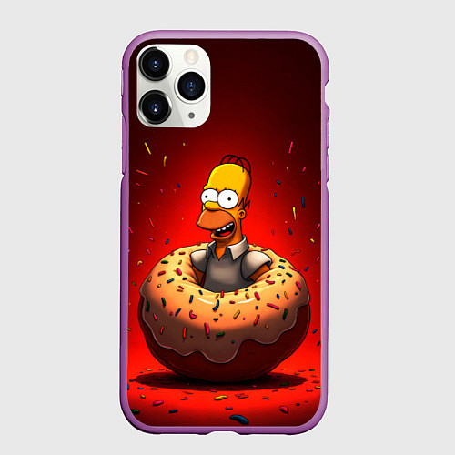 Чехол iPhone 11 Pro матовый Гомер в пончике / 3D-Фиолетовый – фото 1
