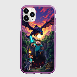 Чехол iPhone 11 Pro матовый Дракон края и Стив - Майнкрафт арт