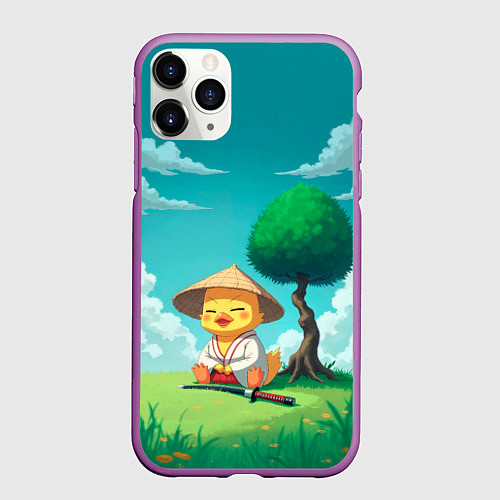 Чехол iPhone 11 Pro матовый Уточка в кимоно под миниатюрным деревом / 3D-Фиолетовый – фото 1