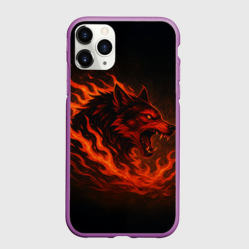 Чехол iPhone 11 Pro матовый Инфернальный волк / 3D-Фиолетовый – фото 1