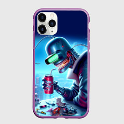 Чехол iPhone 11 Pro матовый Кибер Бендер пьёт лимонад - неоновое свечение, цвет: 3D-фиолетовый