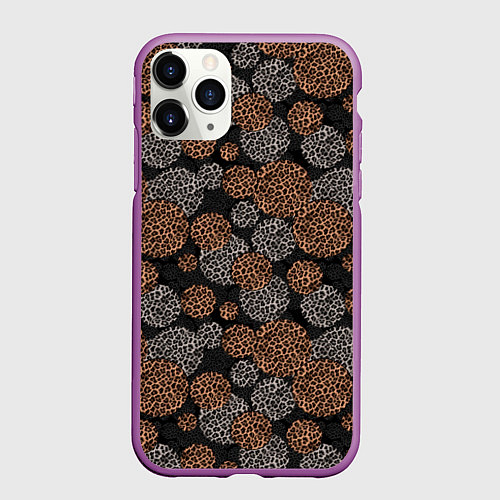 Чехол iPhone 11 Pro матовый Крупный горох серый желтый с леопардовой текстурой / 3D-Фиолетовый – фото 1
