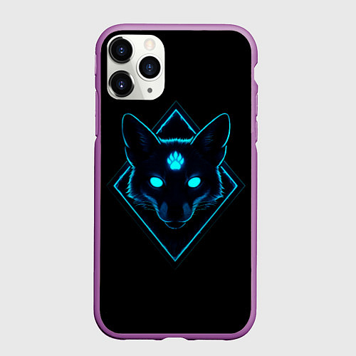 Чехол iPhone 11 Pro матовый Неоновая лисица в ромбе / 3D-Фиолетовый – фото 1