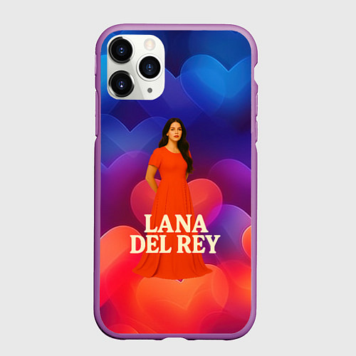 Чехол iPhone 11 Pro матовый Lana Del Rey на фоне сердечек / 3D-Фиолетовый – фото 1