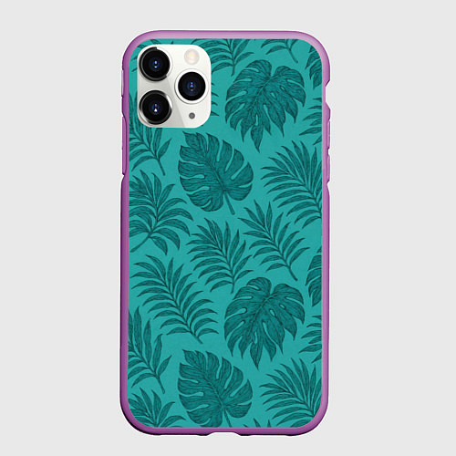 Чехол iPhone 11 Pro матовый Тропические листья - паттерн / 3D-Фиолетовый – фото 1