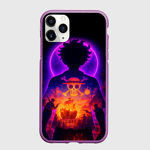 Чехол iPhone 11 Pro матовый Ванпис - неоновый Луффи / 3D-Фиолетовый – фото 1
