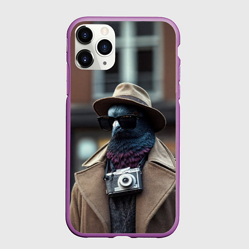Чехол iPhone 11 Pro матовый Голубь шпион с ретро фотокамерой / 3D-Фиолетовый – фото 1