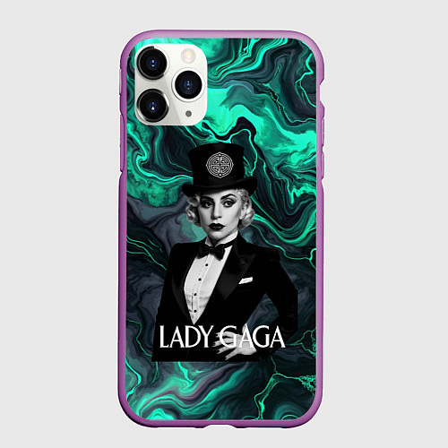 Чехол iPhone 11 Pro матовый Леди Гага в черном костюме с бабочкой / 3D-Фиолетовый – фото 1