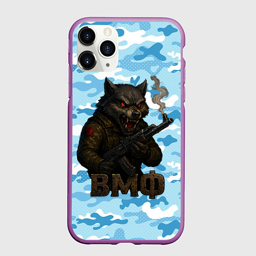 Чехол iPhone 11 Pro матовый Волк с красными глазами ВМФ / 3D-Фиолетовый – фото 1