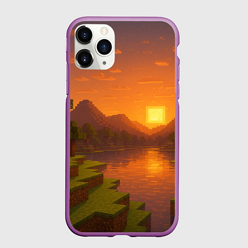 Чехол iPhone 11 Pro матовый Закат - Minecraft / 3D-Фиолетовый – фото 1