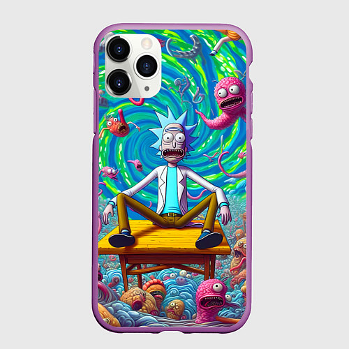 Чехол iPhone 11 Pro матовый Рик Санчес сидит на столе в окружении монстров / 3D-Фиолетовый – фото 1