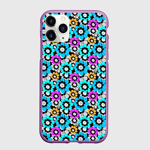 Чехол iPhone 11 Pro матовый Разноцветные цветы бирюзовые малиновые синие / 3D-Фиолетовый – фото 1