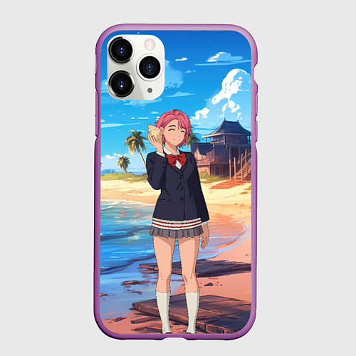 Чехол iPhone 11 Pro матовый Дандадан Сиратори Айра с ракушкой в руках / 3D-Фиолетовый – фото 1