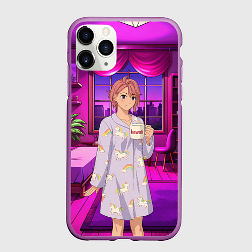 Чехол iPhone 11 Pro матовый Дандадан Сиратори Айра с кофе / 3D-Фиолетовый – фото 1