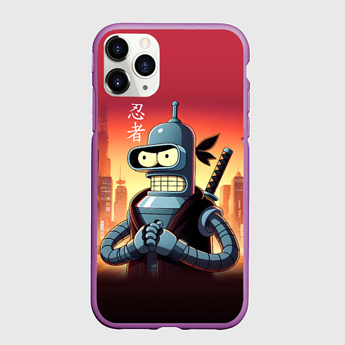Чехол iPhone 11 Pro матовый Крутой ниндзя Бендер в ночном городе / 3D-Фиолетовый – фото 1
