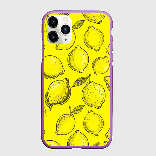Чехол iPhone 11 Pro матовый Яркий лимонный узор - паттерн / 3D-Фиолетовый – фото 1