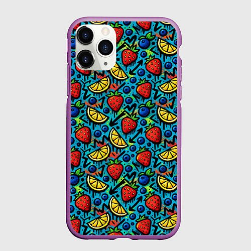 Чехол iPhone 11 Pro матовый Летний вайб - фрукты и ягоды паттерн / 3D-Фиолетовый – фото 1